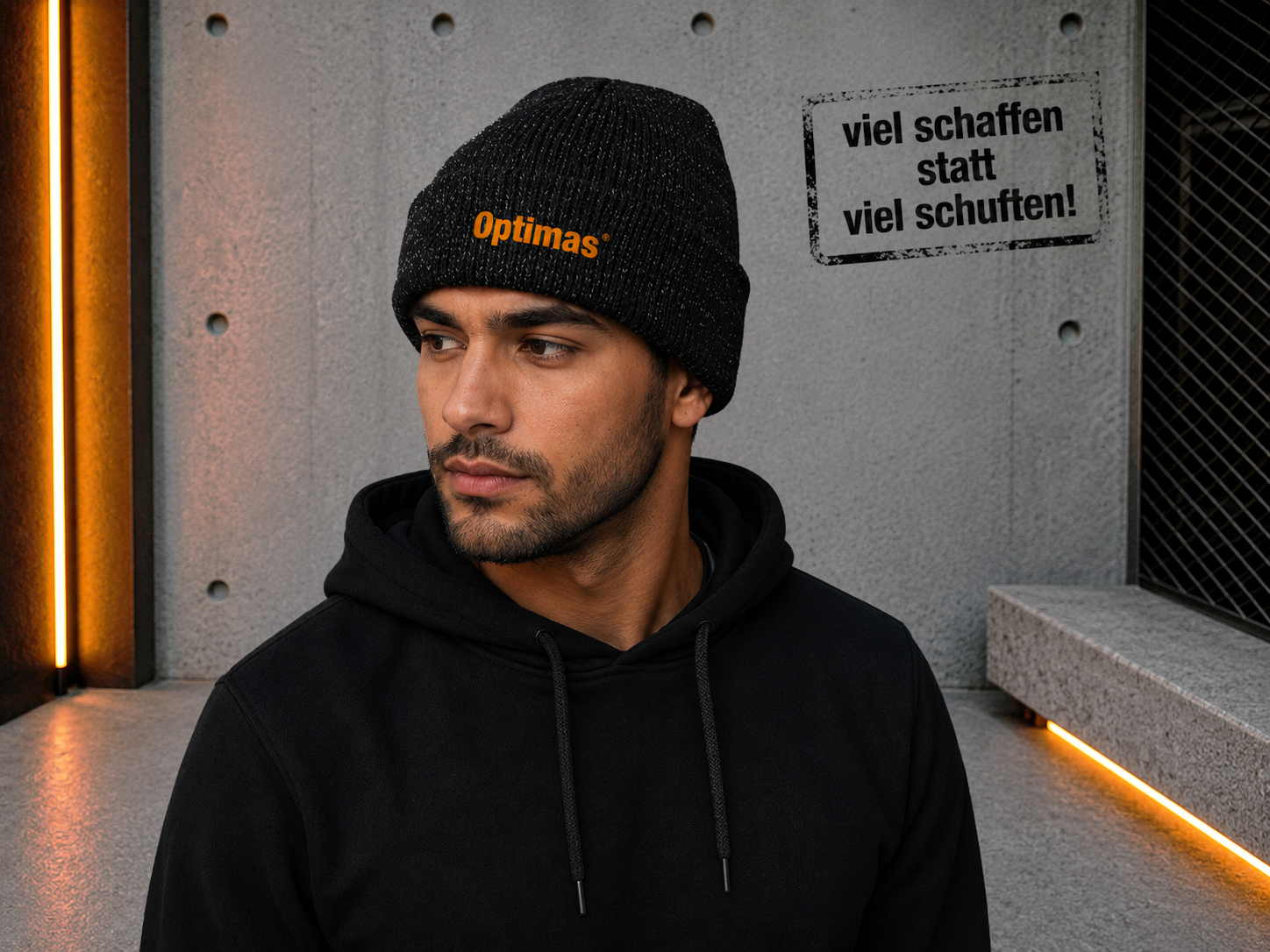 Ein Mann mit schwarzer Mütze und orangefarbenem Optimas-Logo steht vor einer Betonwand mit einem Schild – Optimas.