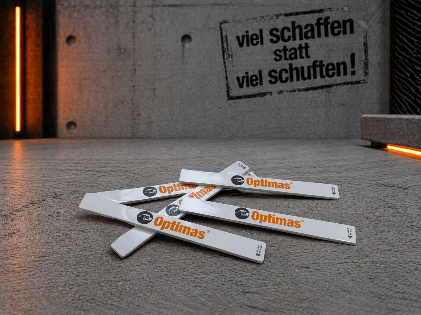 Vier weiße Werkzeuge mit dem Logo und dem Namen „Optimas“ auf einer strukturierten grauen Oberfläche – Optimas.