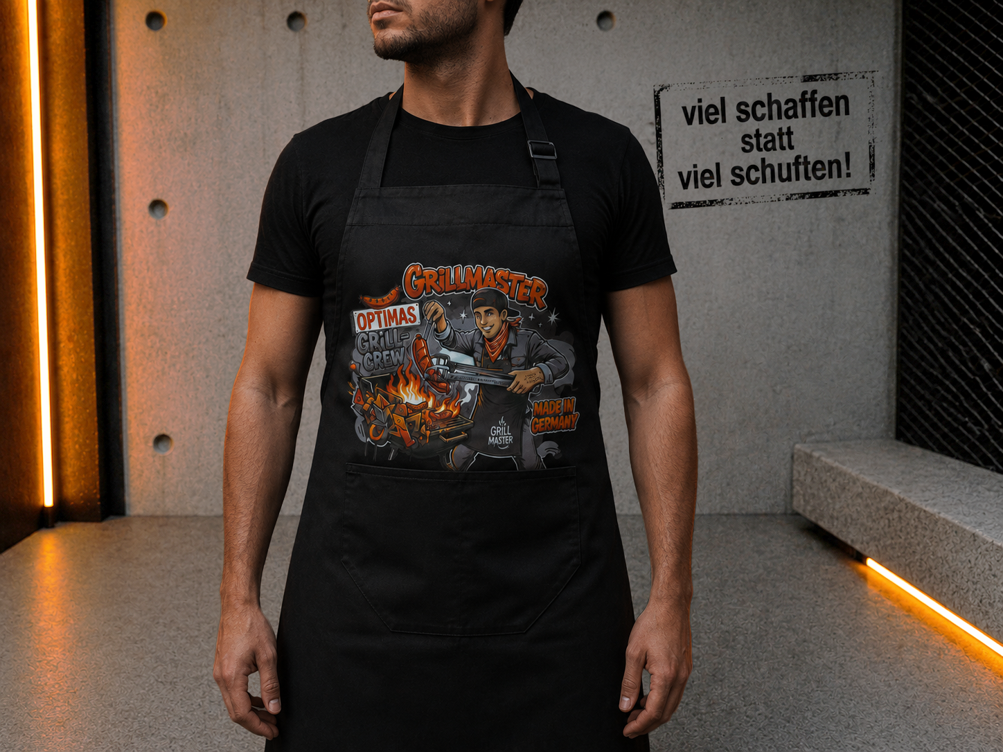 Ein Mann mit schwarzer Schürze und farbenfroher Grillmeister-Grafik steht in einem modernen Ambiente – Optimas.