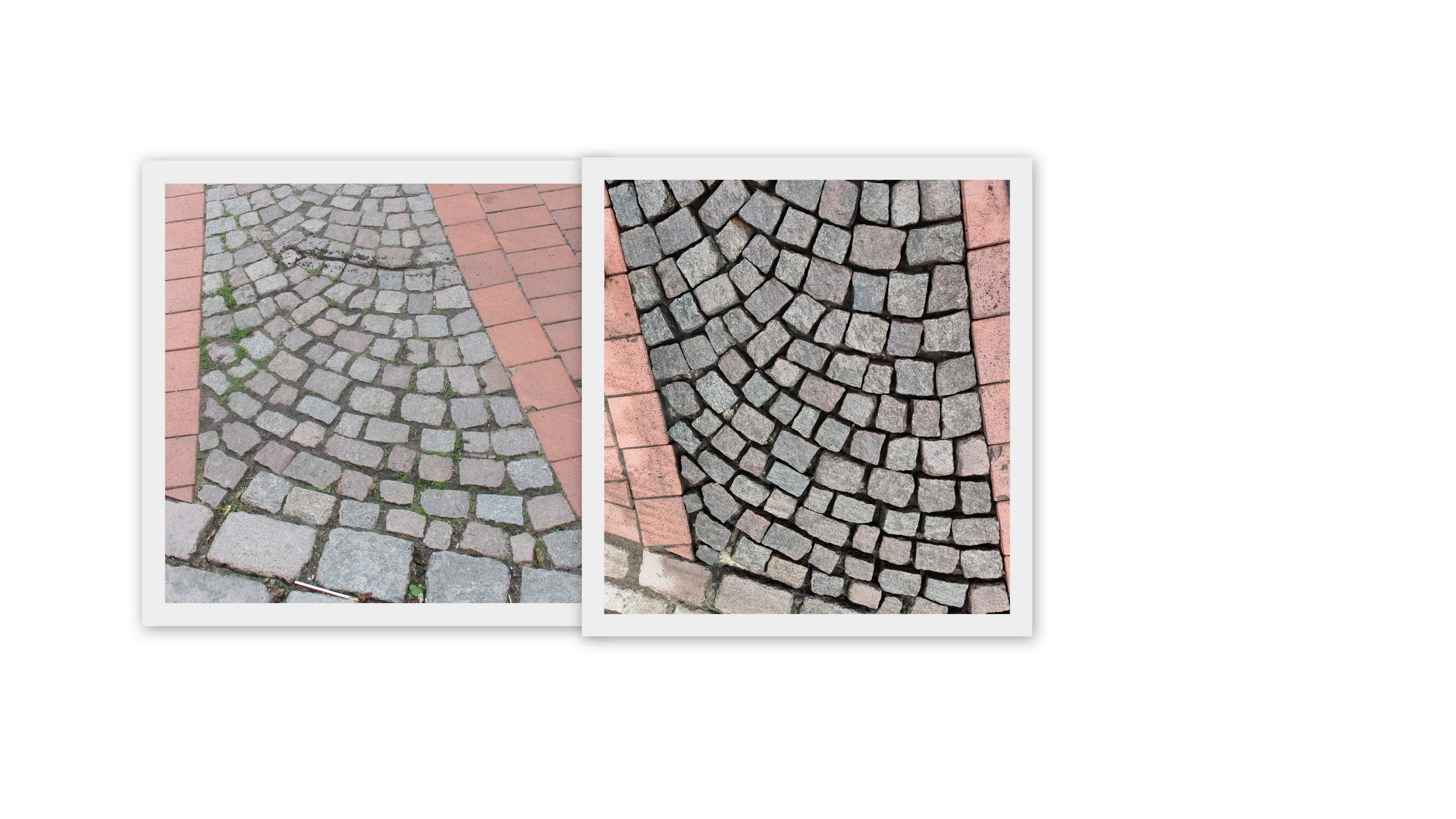 Zwei gerahmte Fotos von Kopfsteinpflaster- und Backsteinwegen zeigen unterschiedliche Texturen und Muster und zeigen einzigartige Pflasterdesigns und Materialien für Stadtlandschaften.