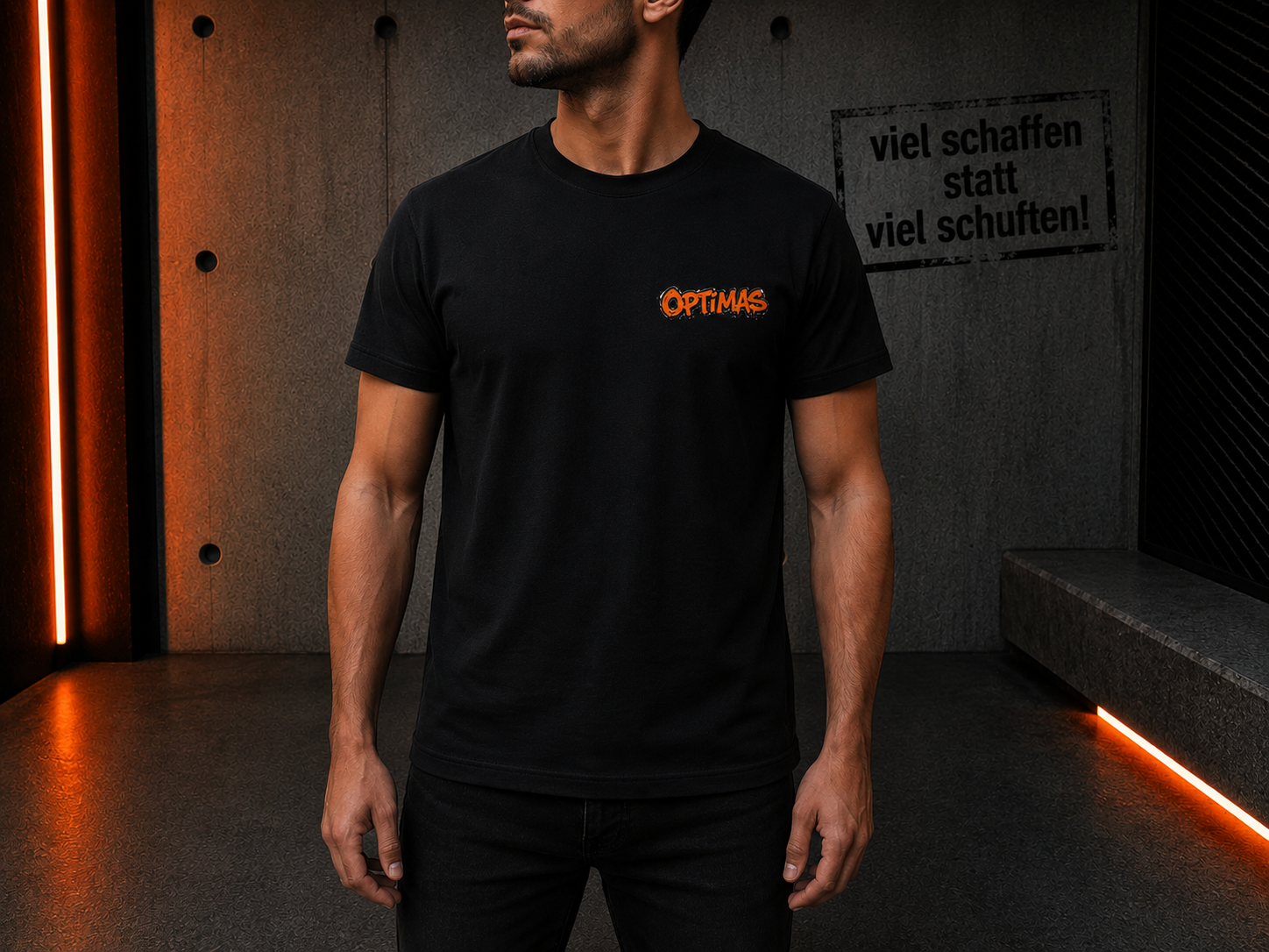 Ein Mann, der ein schwarzes T-Shirt mit dem Aufdruck „Optimas“ trägt und in einer modernen städtischen Umgebung steht – Optimas.