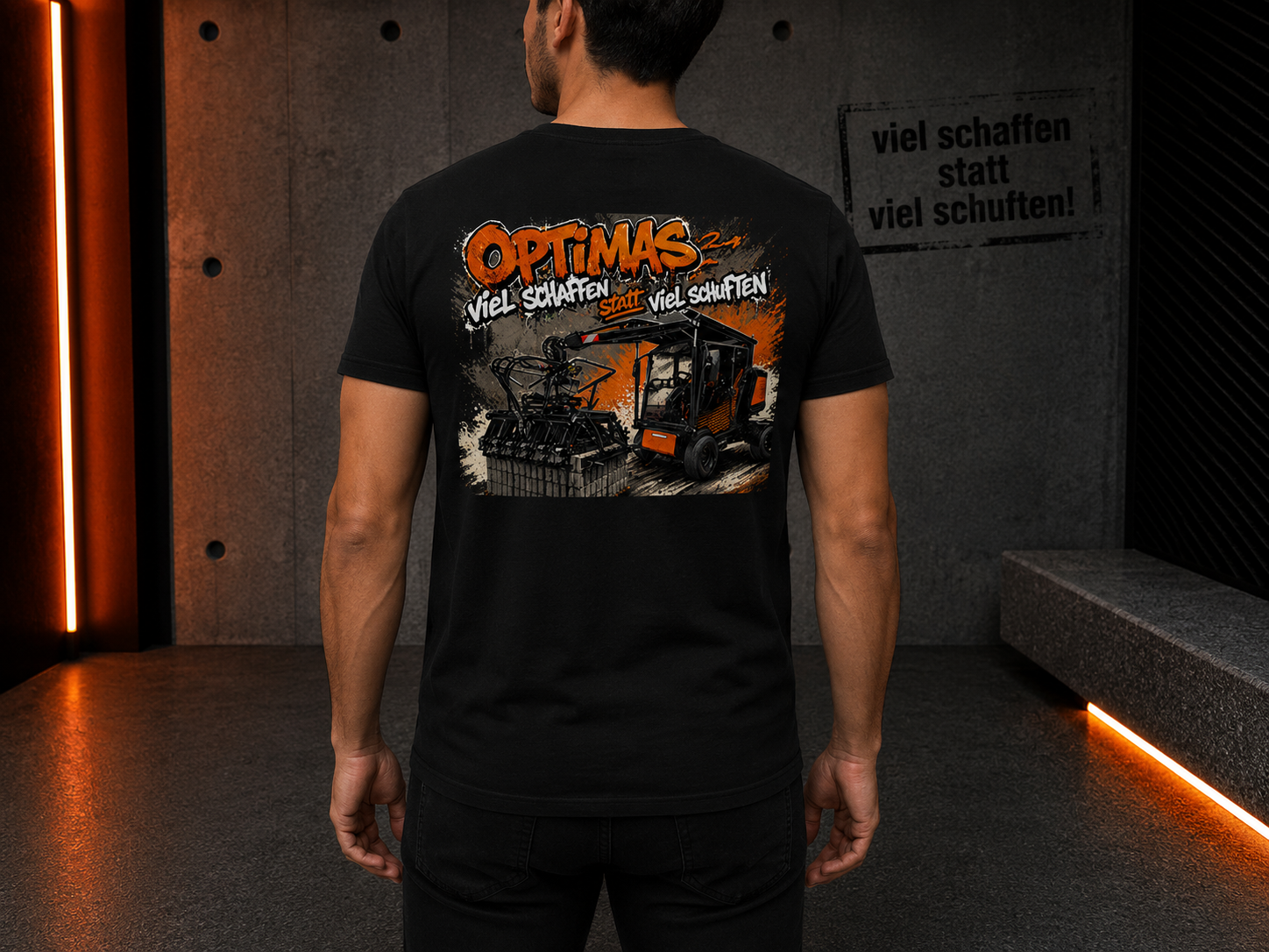 Ein Mann trägt ein schwarzes T-Shirt mit einem farbenfrohen Grafikdesign mit Maschinen und dem Wort „Optimas“ – Optimas.