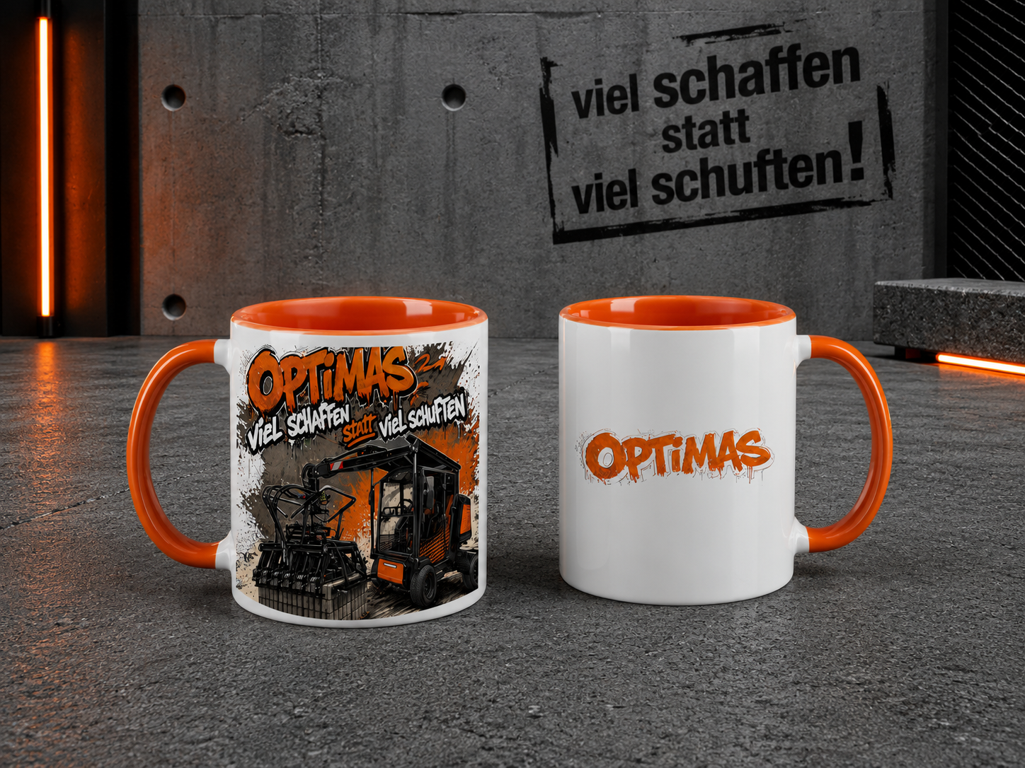 Zwei Kaffeetassen der Marke „Optimas“ mit Baumotiv und Motivationstext – Optimas.