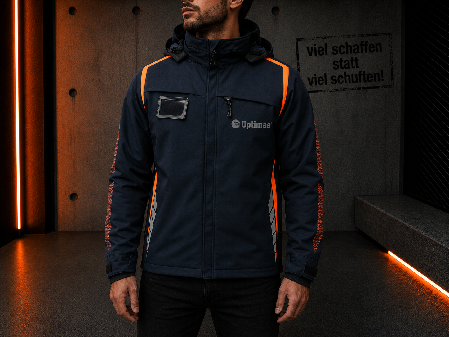 Ein Mann in einer dunkelblauen Jacke mit orangefarbenen Akzenten steht in einem modernen Innenbereich – Optimas.