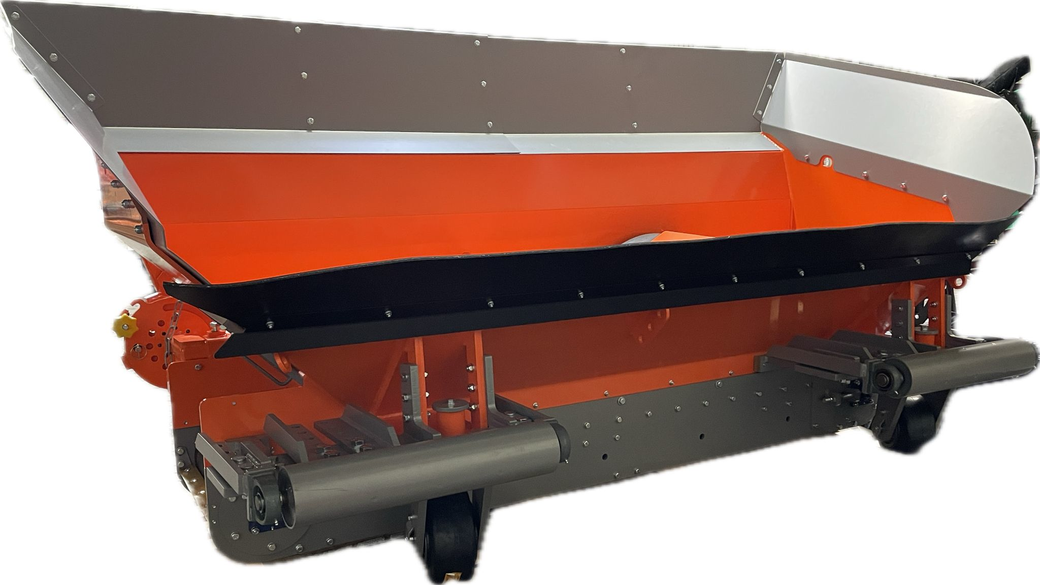 Close-up view of an orange and gray agricultural spreader, showing its sturdy construction and detailed mechanical components. – Optimas
