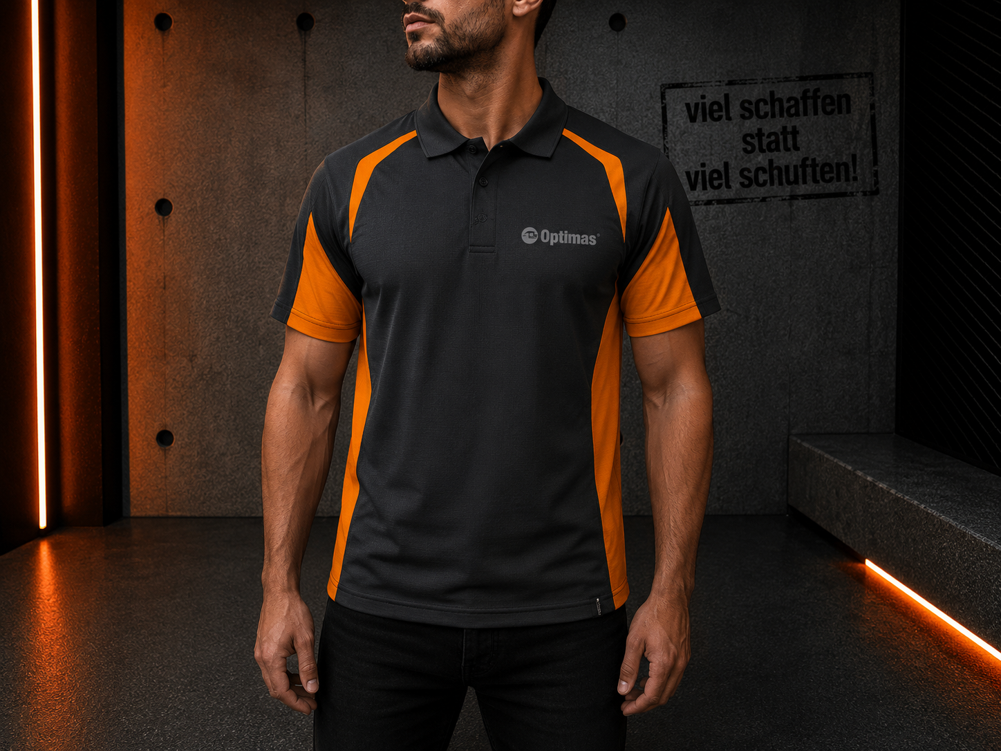 Ein Mann, der ein schwarz-orangefarbenes Poloshirt mit dem Optimas-Logo trägt, steht in einer modernen Umgebung – Optimas.
