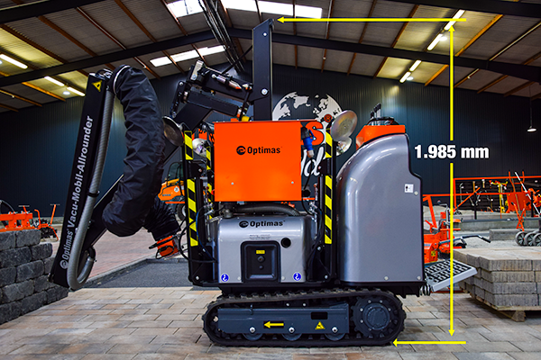 Seitenansicht einer Optimas Vacu-Mobil-Allrounder-Maschine mit einem Höhenmaß von 1,985 mm angegeben – Optimas.