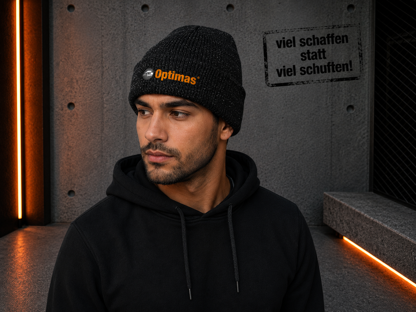 Ein junger Mann, der einen schwarzen Kapuzenpullover und eine Mütze mit dem Optimas-Logo trägt und nachdenklich zur Seite blickt – Optimas.