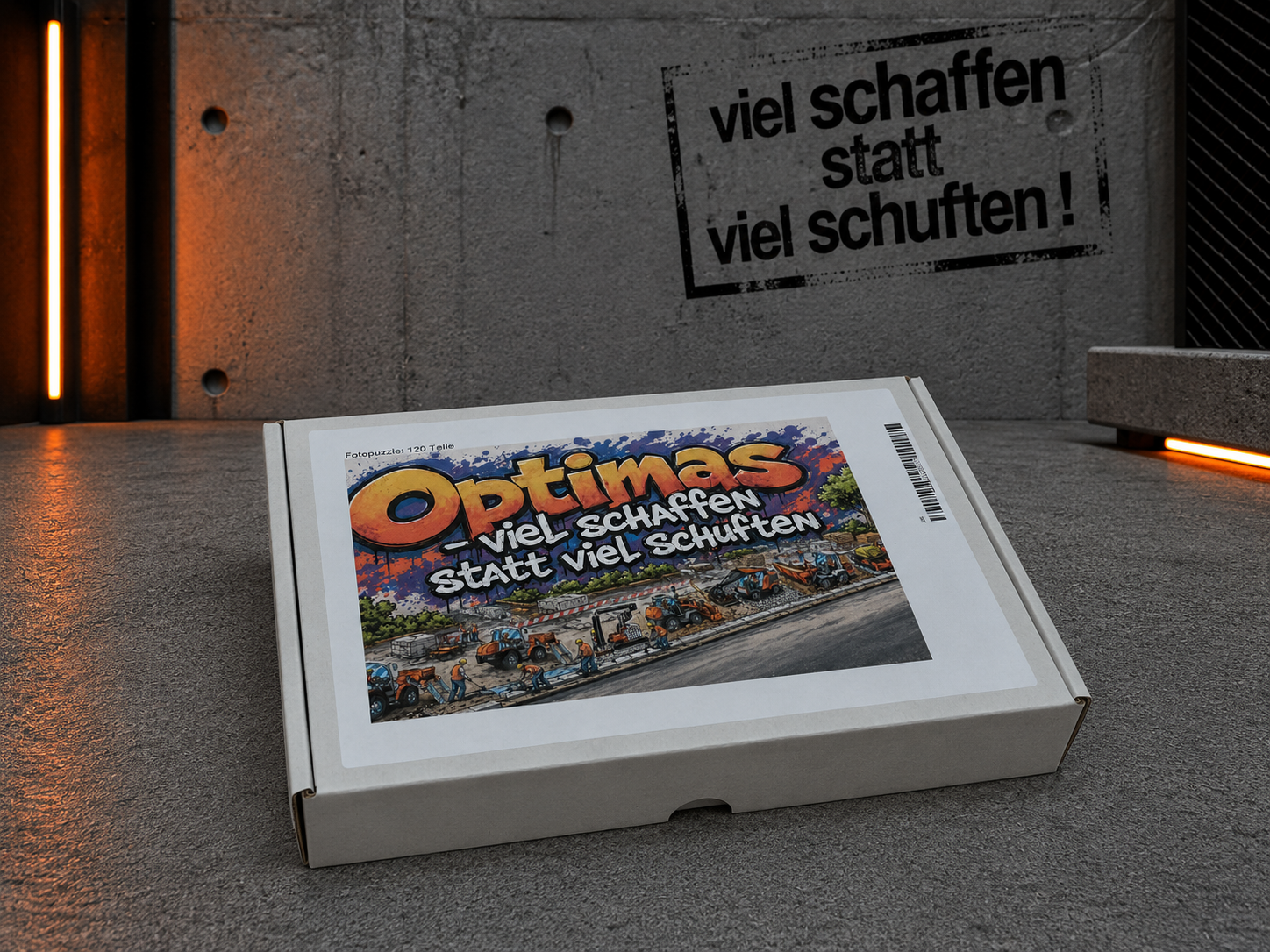 Une boîte de puzzle avec des œuvres d'art colorées et l'expression « viel schaffen statt viel schuften » sur une surface texturée – Optimas.