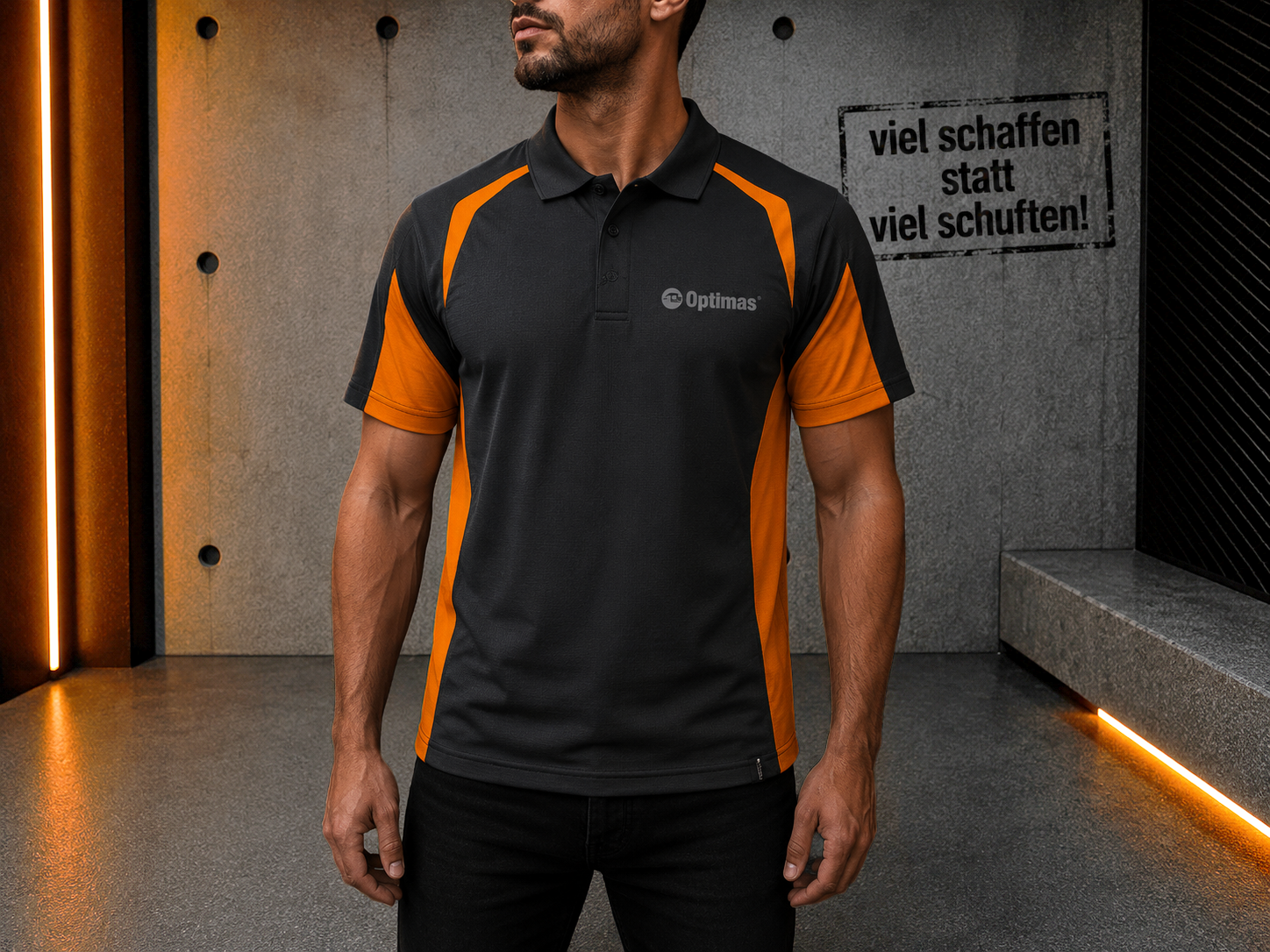 Ein Mann in einem schwarz-orangefarbenen Poloshirt steht vor einer modernen Industriekulisse – Optimas.