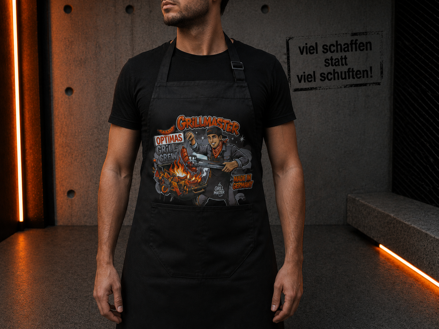 Ein Mann, der eine schwarze Schürze mit farbenfrohem Grillmotiv trägt und eine selbstbewusste Grillhaltung zum Ausdruck bringt – Optimas.